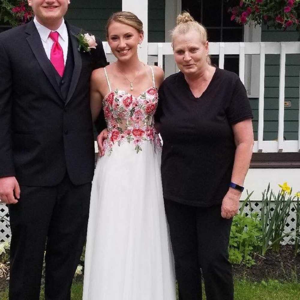 White and floral prom dress